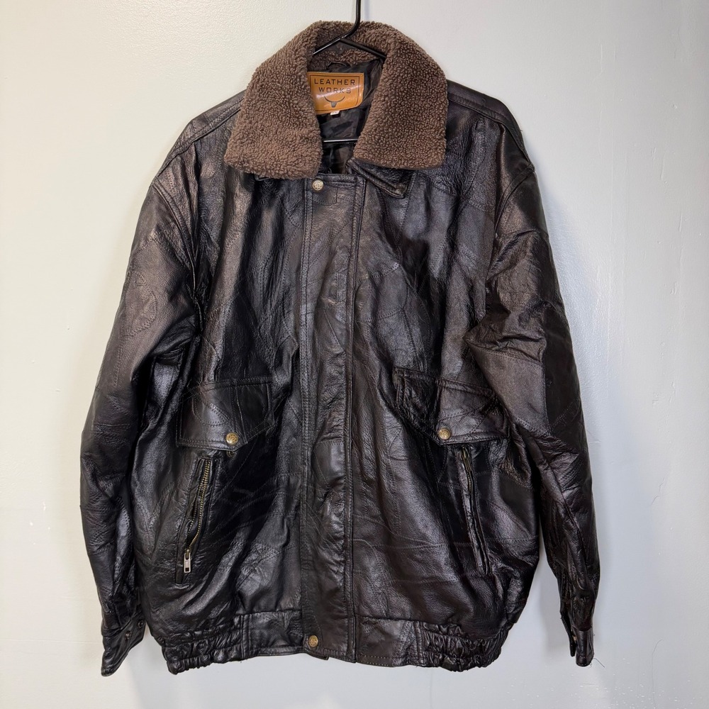 Leather Works VTG Patchwork Leather Bomber Jacket Black Faux Shearling Collar XL